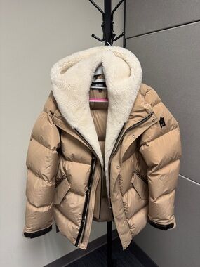 Mackage Tan Puffer Jacket with Cream Sherpa Hood